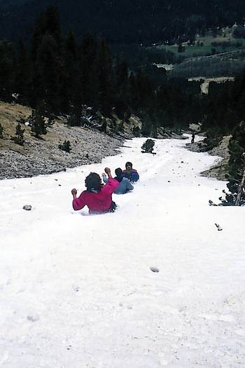 Auf dem Hosenboden wieder den Berg runter.